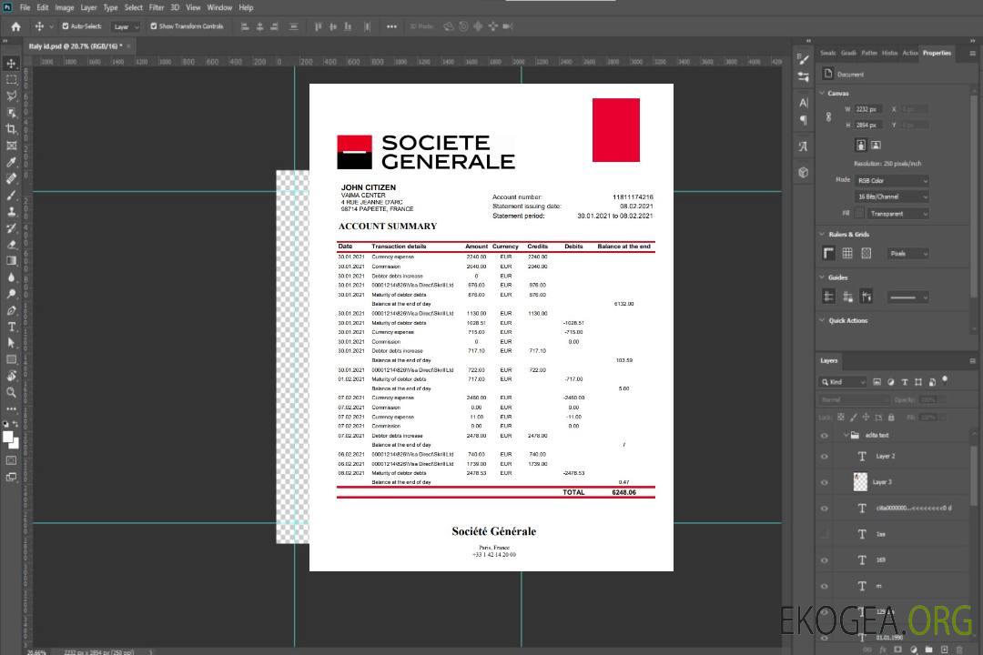 Relevé bancaire France Société Générale template